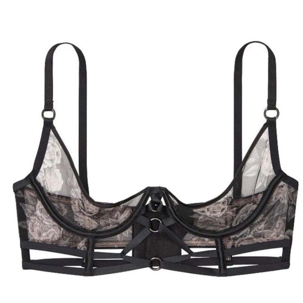 Victoria's Secret Very Sexy Rose Ringmaster Quarter Cup Bra Sz 32DD Black Pink